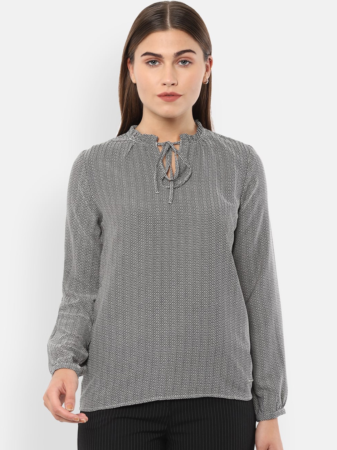 

Van Heusen Woman Grey & White Geometric Printed Tie-up Neck Regular Top