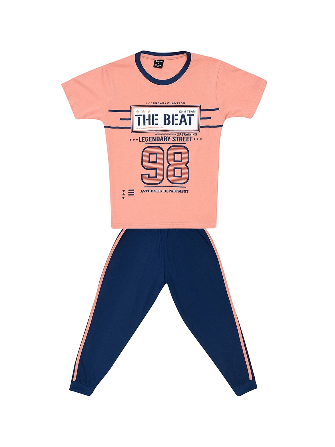 

Todd N Teen Boys Peach & Navy Blue Printed T-Shirt With Track Pant