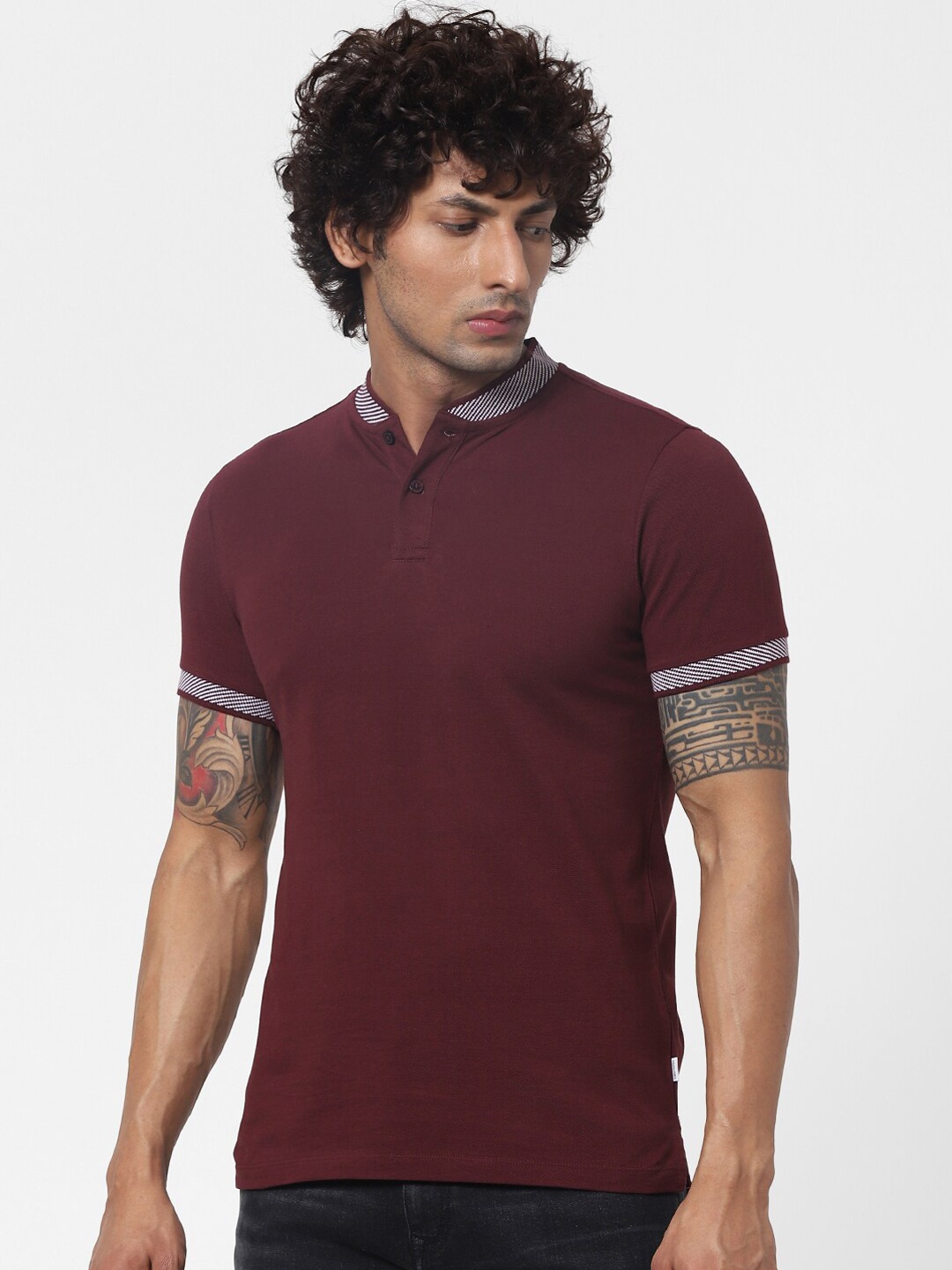 Jack & Jones Men Maroon Solid Polo Collar T-shirt