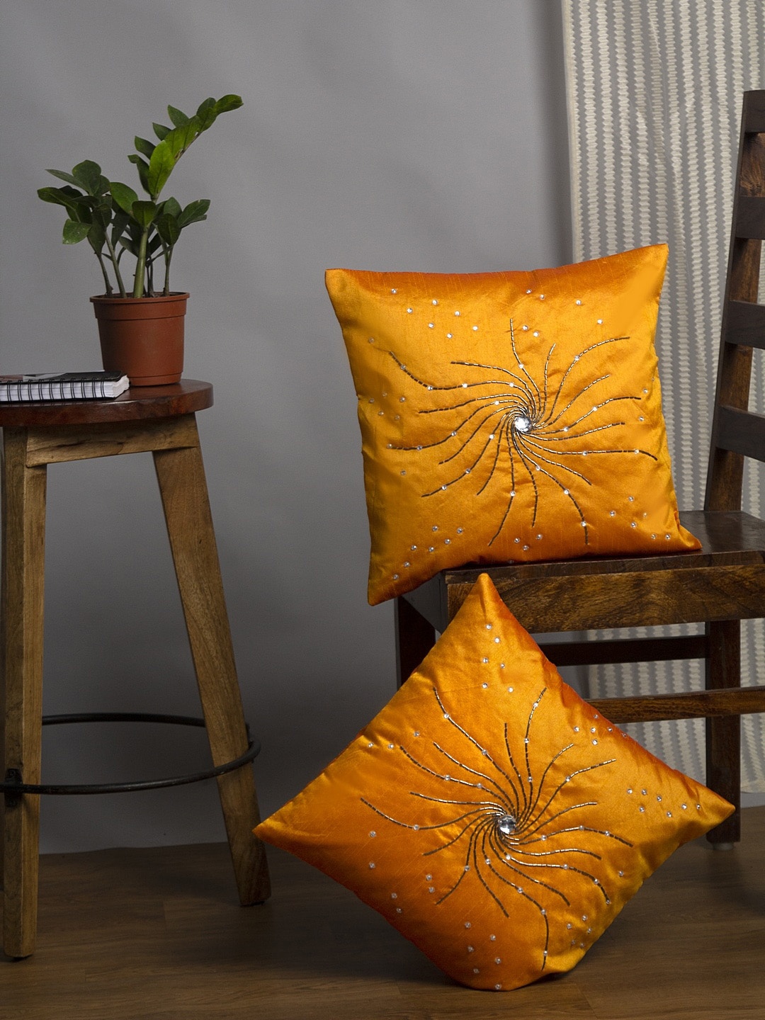 

Alina decor Yellow & White Set of 2 Embellished Square Cushion Covers