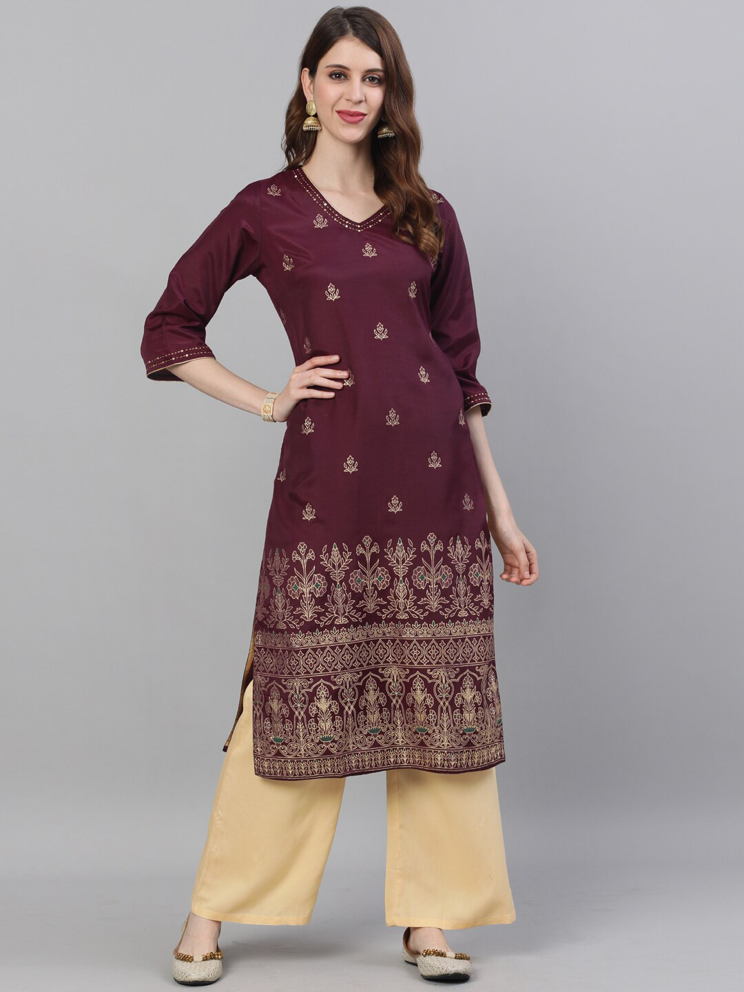 

Jaipur Kurti Women Burgundy & Beige Printed Kurta with Palazzos