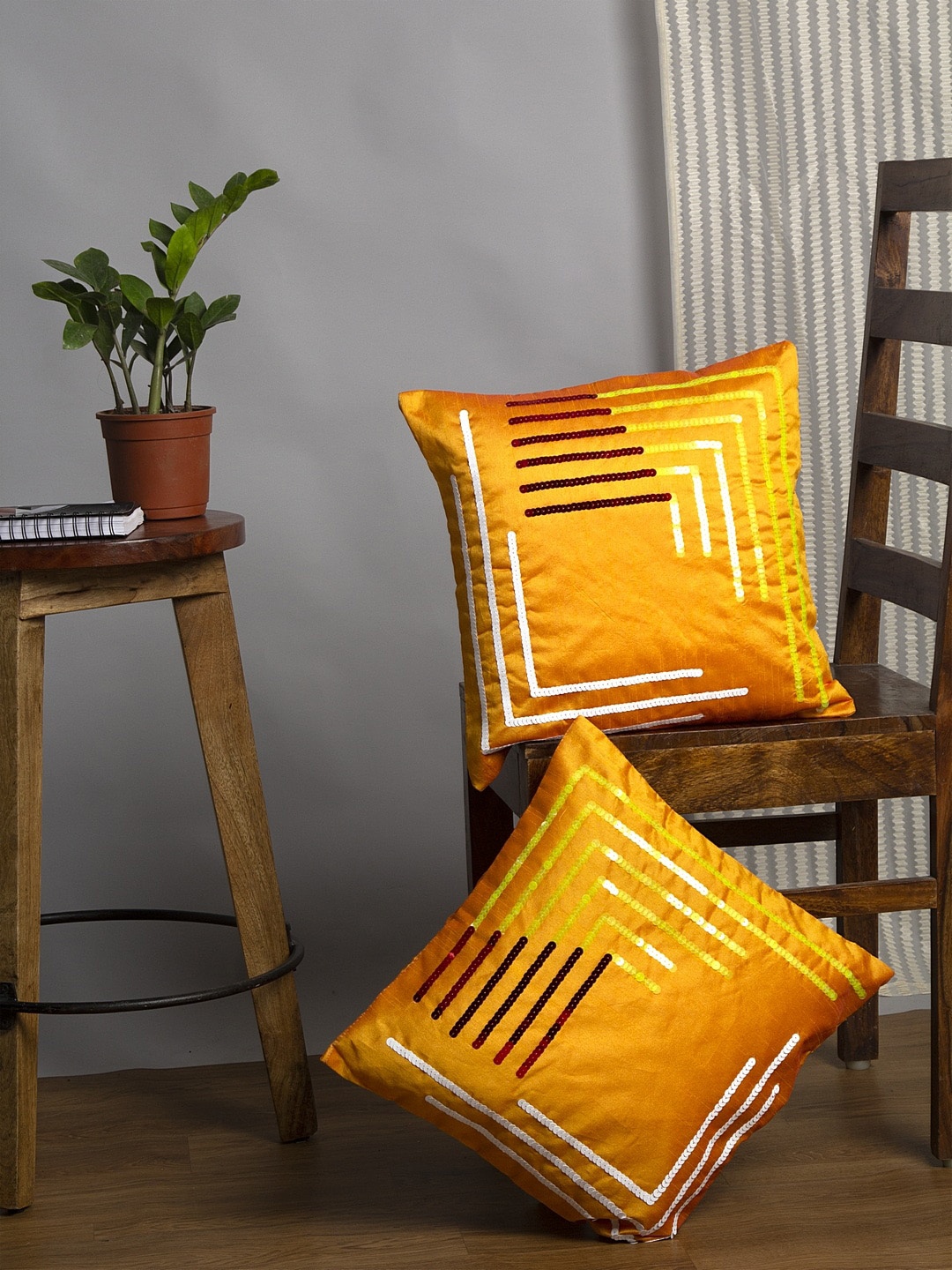 

Alina decor Yellow & White Set of 2 Embellished Square Cushion Covers