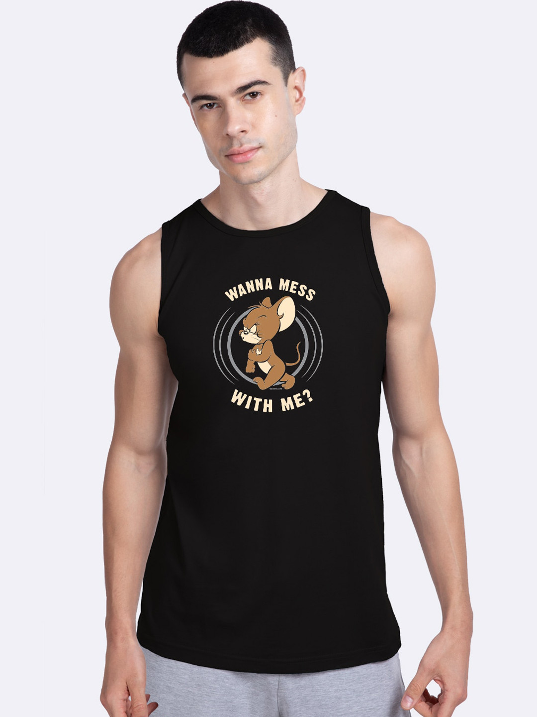

Bewakoof Men Black & Tan Brown Thug Jerry Printed Gym Vest