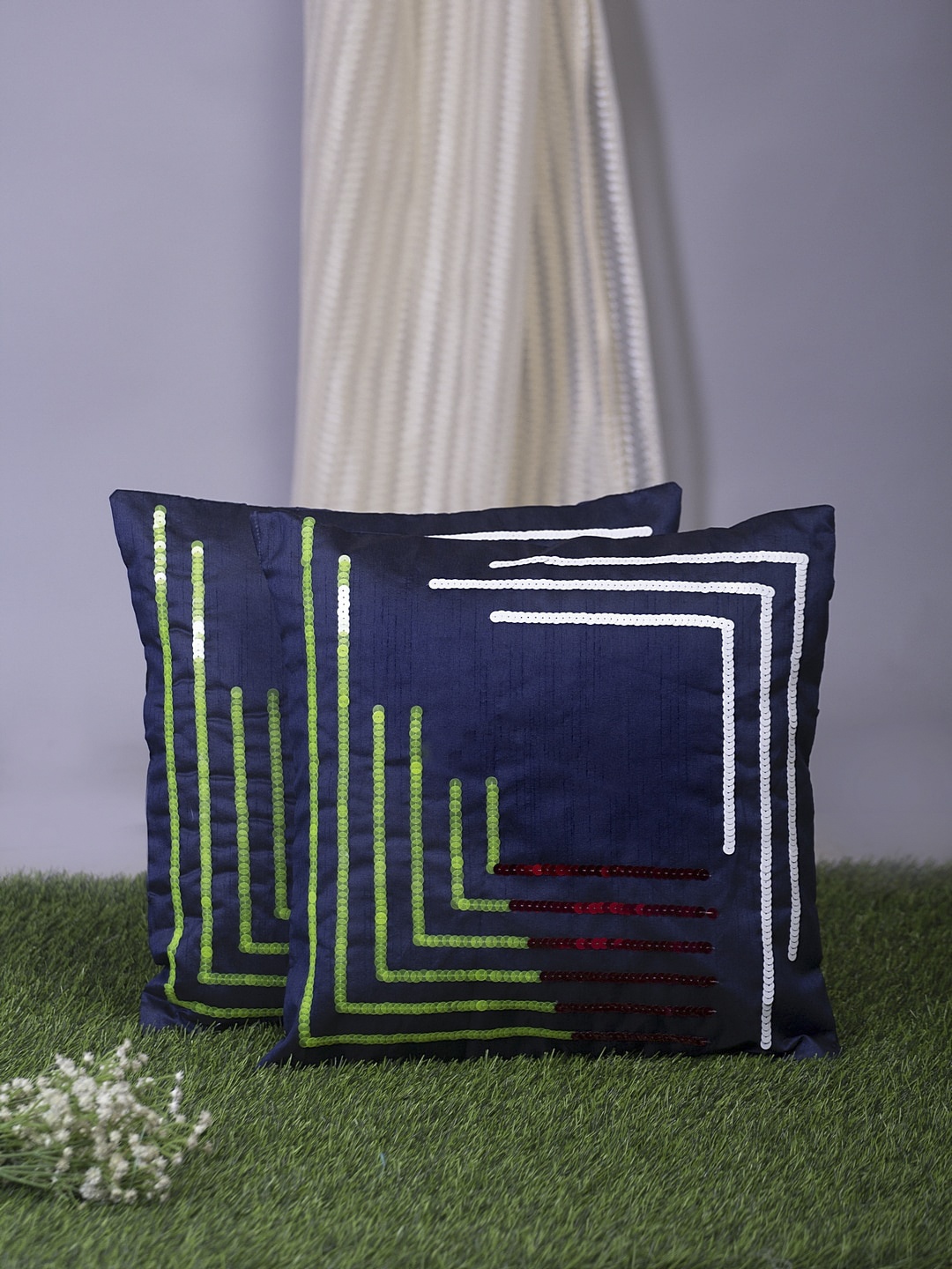 

Alina decor Navy Blue & Green Set of 2 Embellished Square Cushion Covers