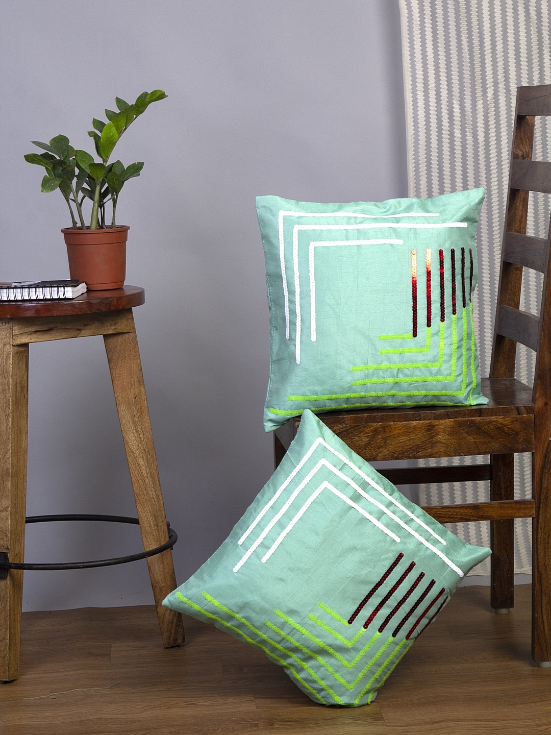 

Alina decor Sea Green & White Set of 2 Embellished Square Cushion Covers