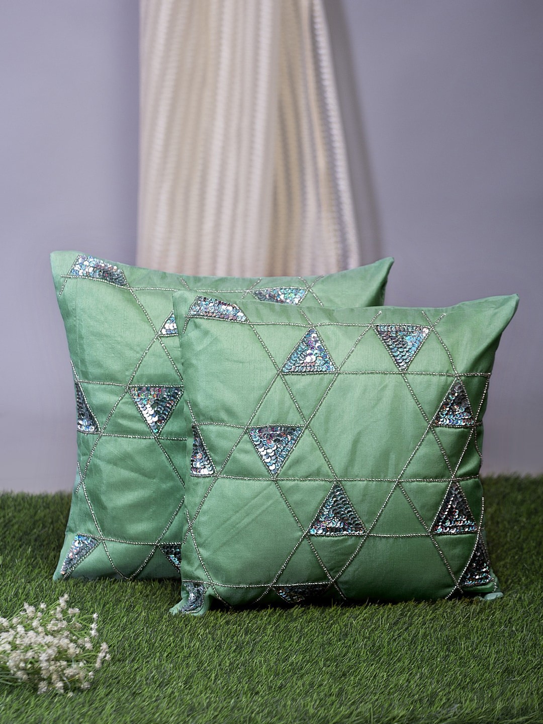 

Alina decor Sea Green & Silver-Toned Set of 2 Geometric Square Cushion Covers