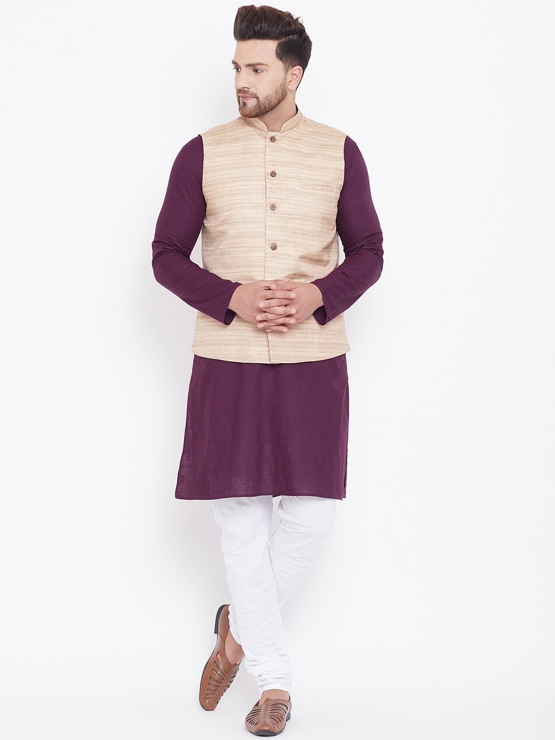 

VASTRAMAY Men Purple & White Solid Kurta with Pyjamas & Nehru Jacket