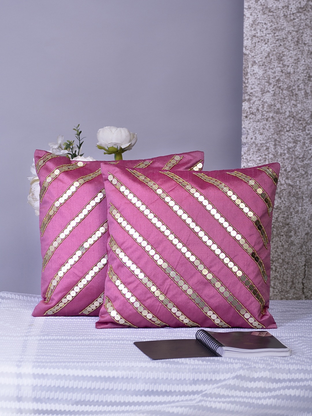 

Alina decor Pink & Gold-Toned Set of 2 Embellished Square Cushion Covers
