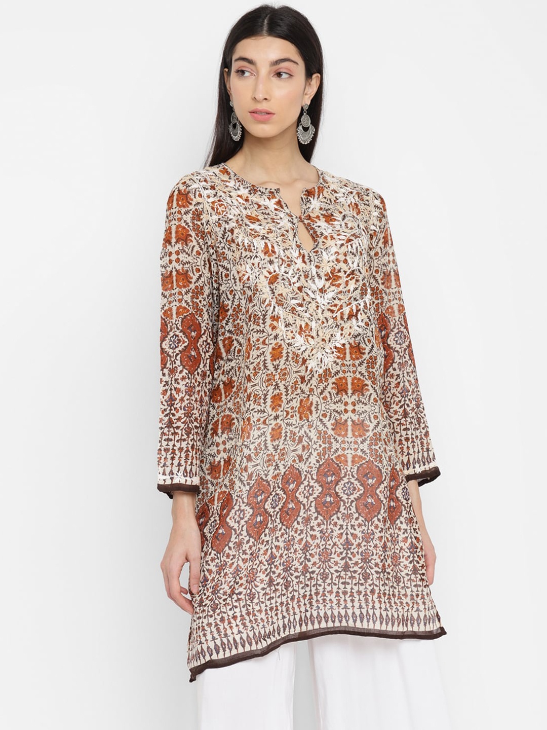 

Cotton beige and brown printed hand embroidered tunic dress