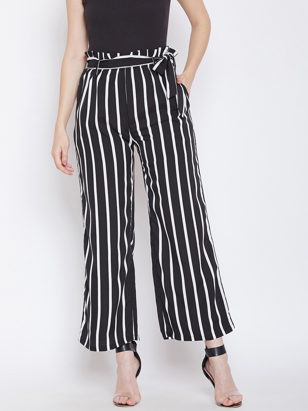 

Zastraa Women Black & White Striped Straight Palazzos