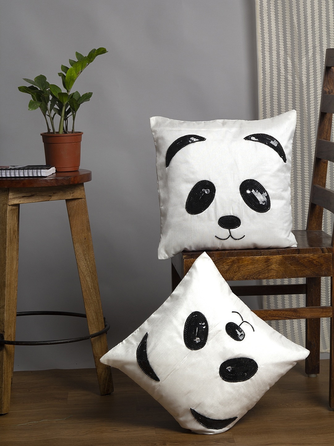 Alina decor Set Of 2 White & Black Self Design Square Cushion Covers
