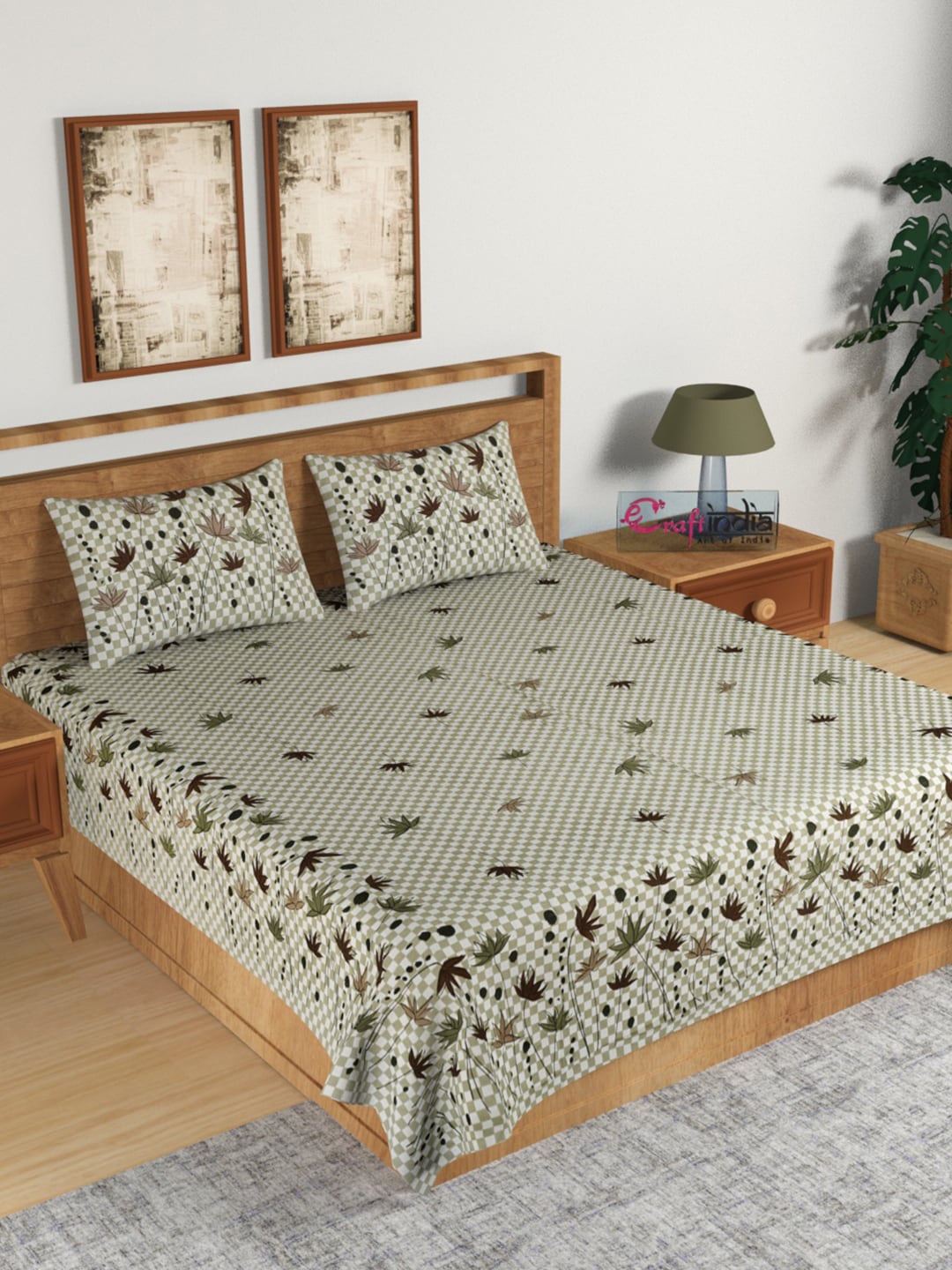 

eCraftIndia Off-White & Green Floral 180 TC Cotton 1 King Bedsheet with 2 Pillow Covers