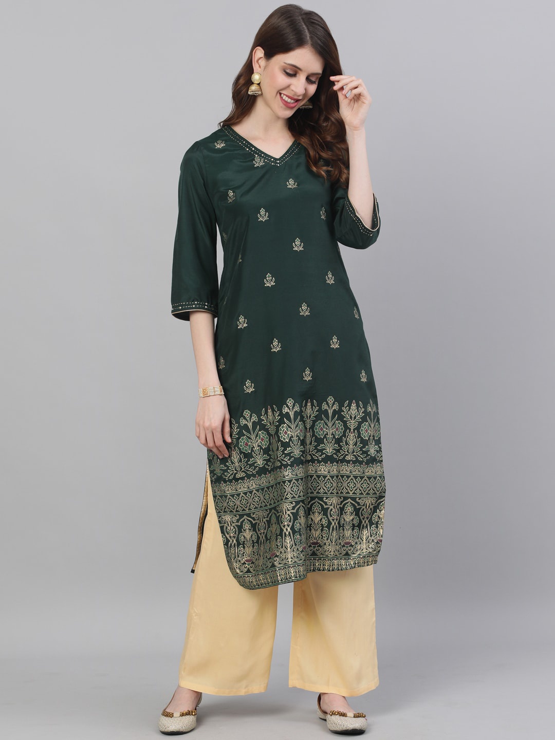 

Jaipur Kurti Women Green & Gold-Toned Printed Kurta with Palazzos