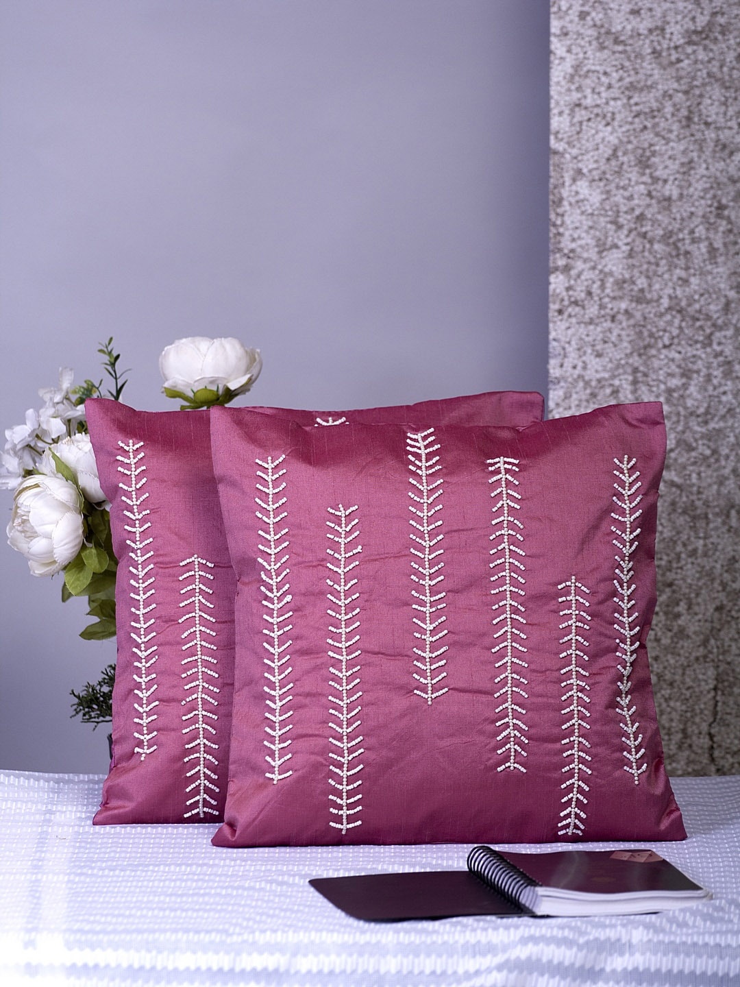 

Alina decor Pink & White Set of 2 Embellished Square Cushion Covers