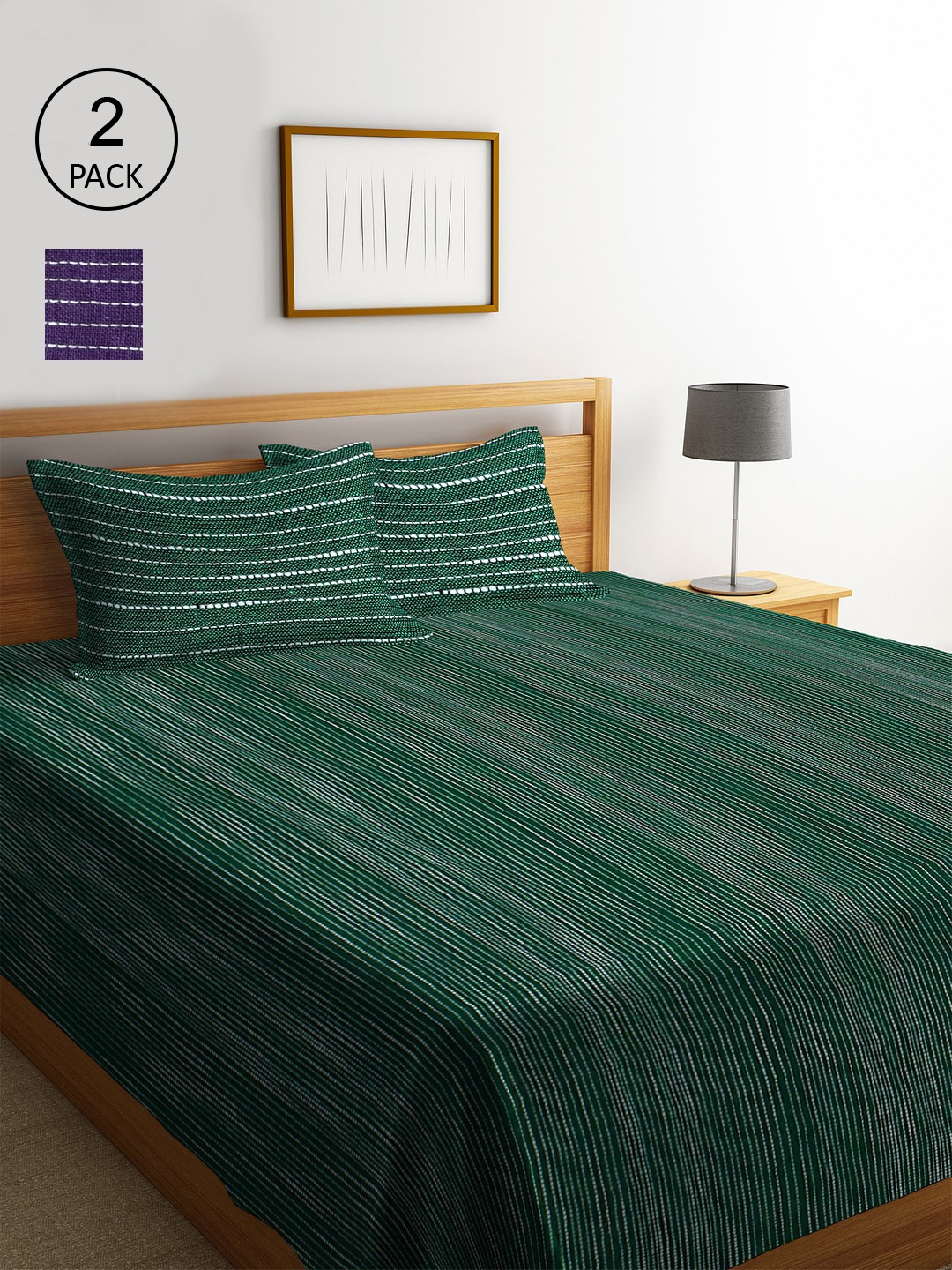 

KLOTTHE Set of 2 Green & Purple Woven Design Double King Bed Covers With 4 Pillow Covers