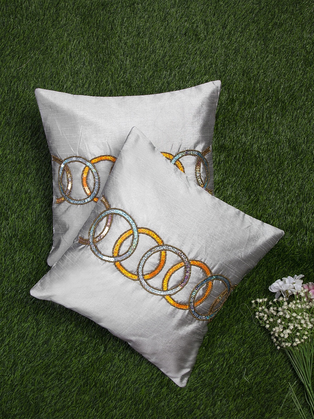 

Alina decor Grey & Yellow Set of 2 Embellished Square Cushion Covers