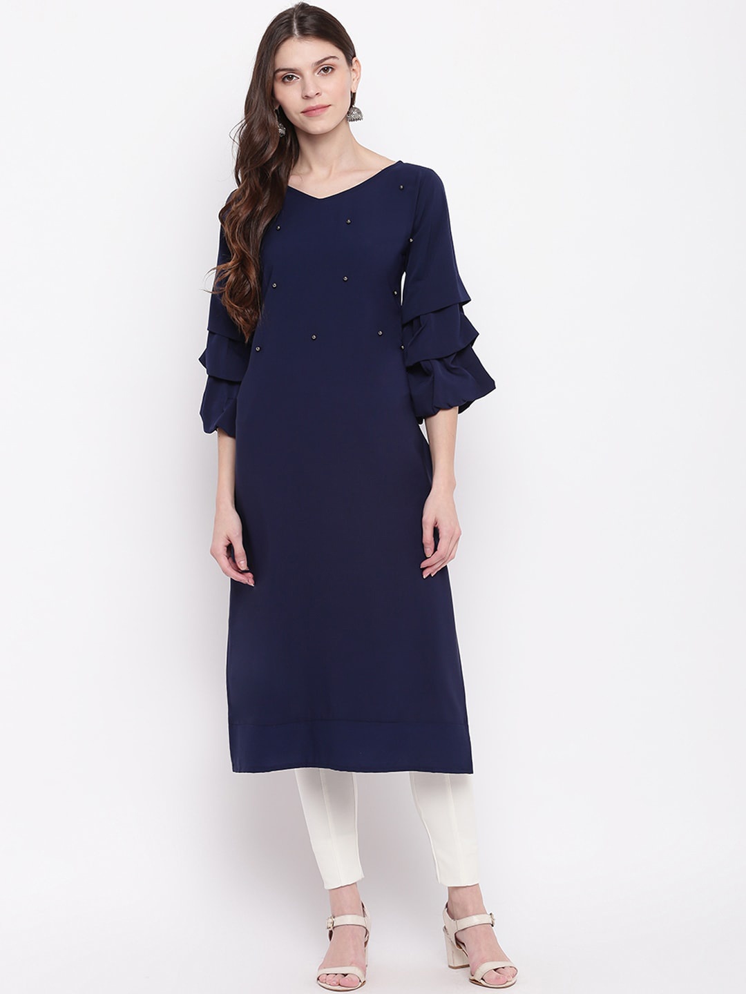 

Napra Women Navy Blue Flared Sleeves Sequins Crepe Kurta