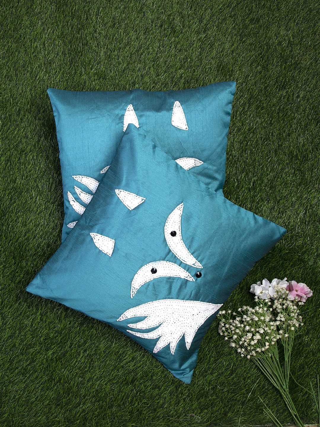 

Alina decor Teal Blue & White Set of 2 Embellished Square Cushion Covers