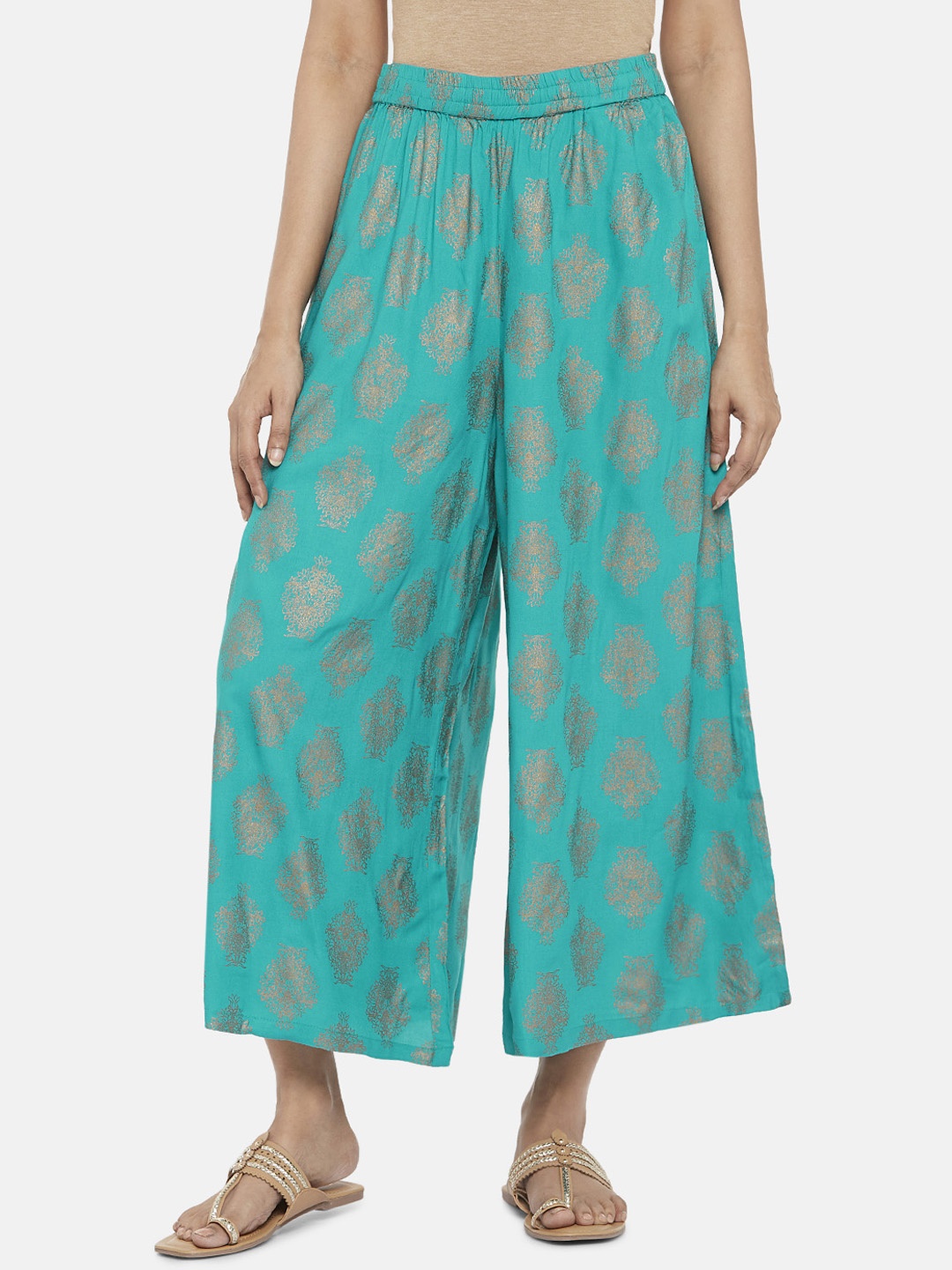 

RANGMANCH BY PANTALOONS Women Turquoise Blue & Gold-Toned Printed Flared Palazzos