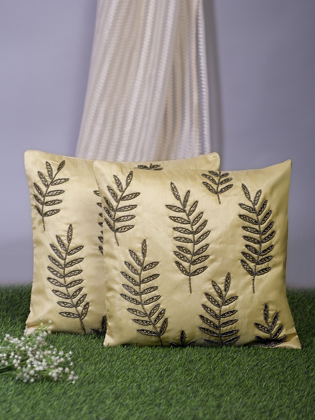 Alina decor Beige & Black Set of 2 Embroidered Square Cushion Covers
