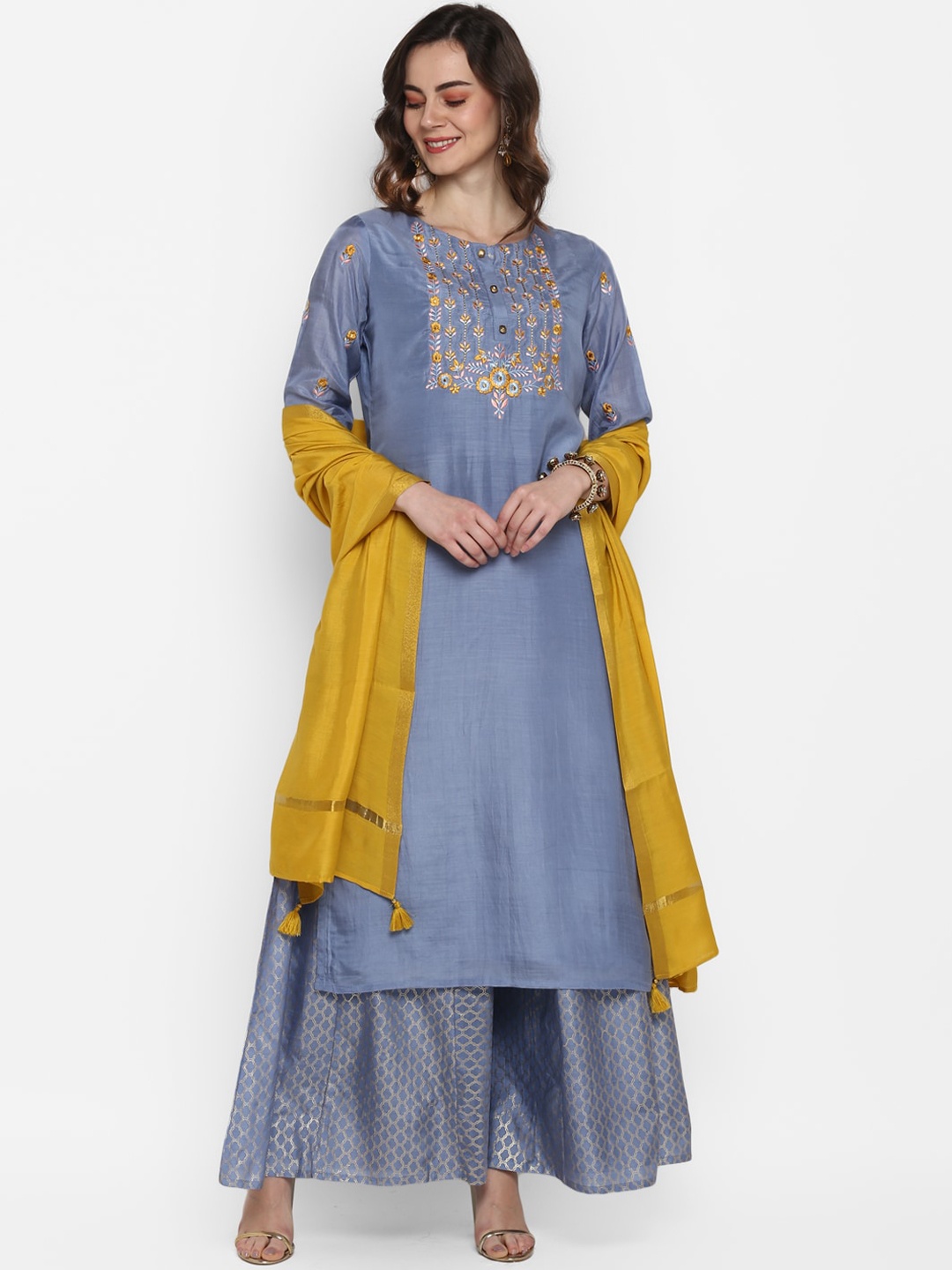 

Janasya Women Blue & Yellow Embroidered Kurta with Palazzos & Dupatta