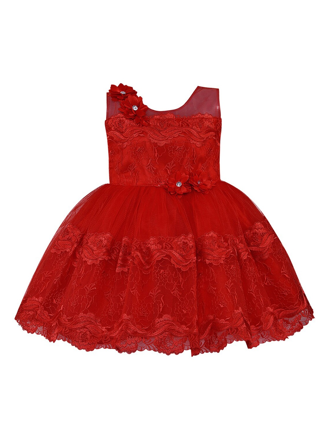 

Wish Karo Girls Red Self Design Fit and Flare Dress