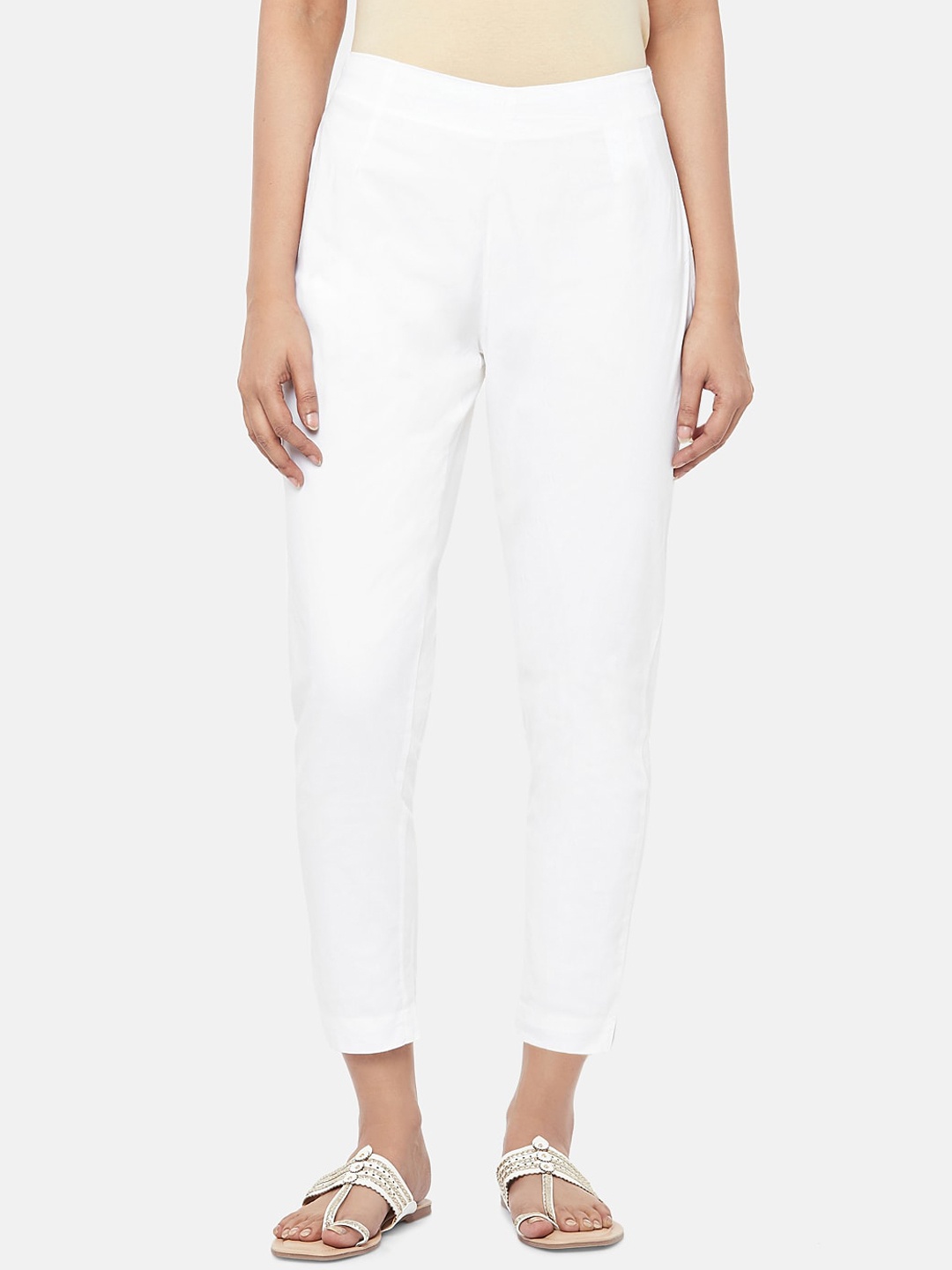 

RANGMANCH BY PANTALOONS Women White Solid Regular Trousers