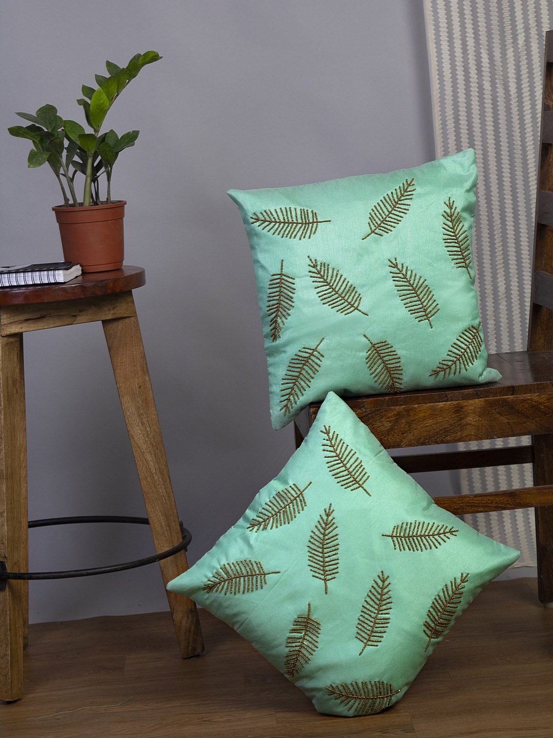 

Alina decor Sea Green Set of 2 Embellished Square Cushion Covers