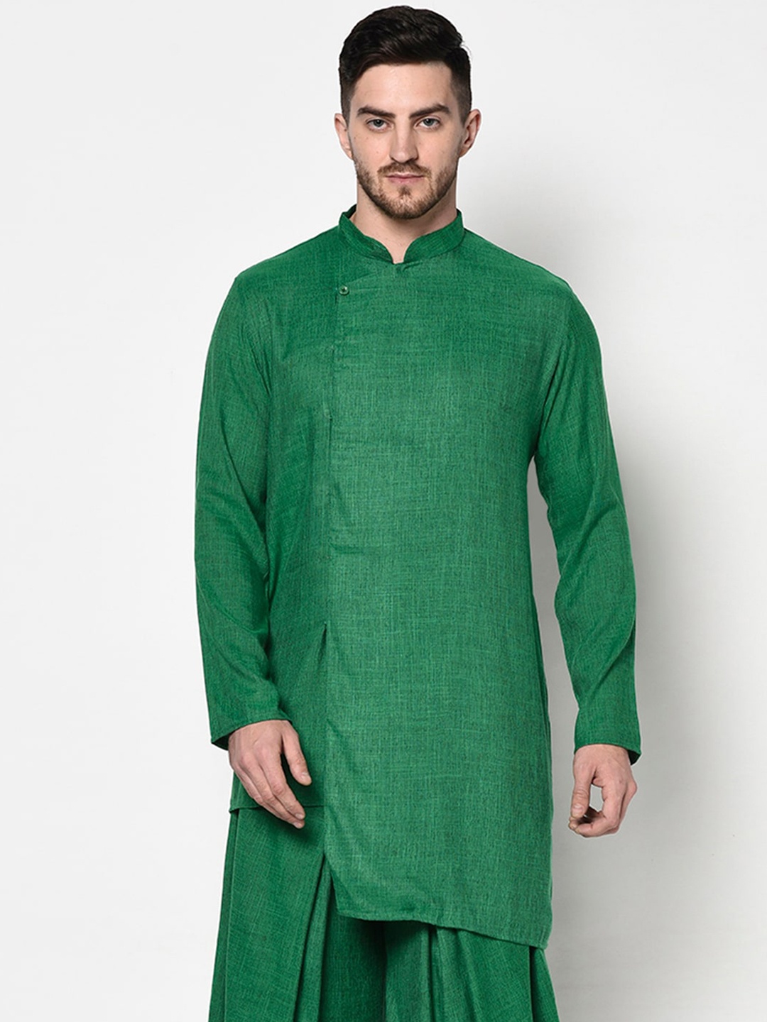 

Lamaaya Men Green Woven Design Mandarin Collar Asymmetric Hem Cotton Kurta