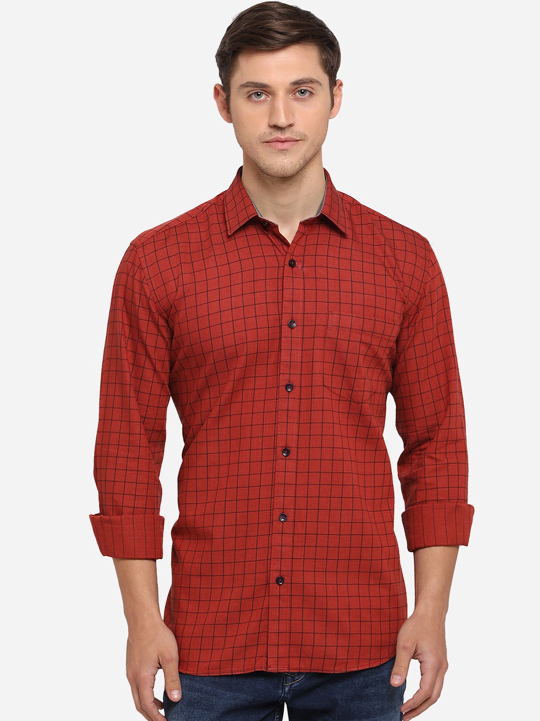 

Greenfibre Men Red Slim Fit Checked Casual Shirt