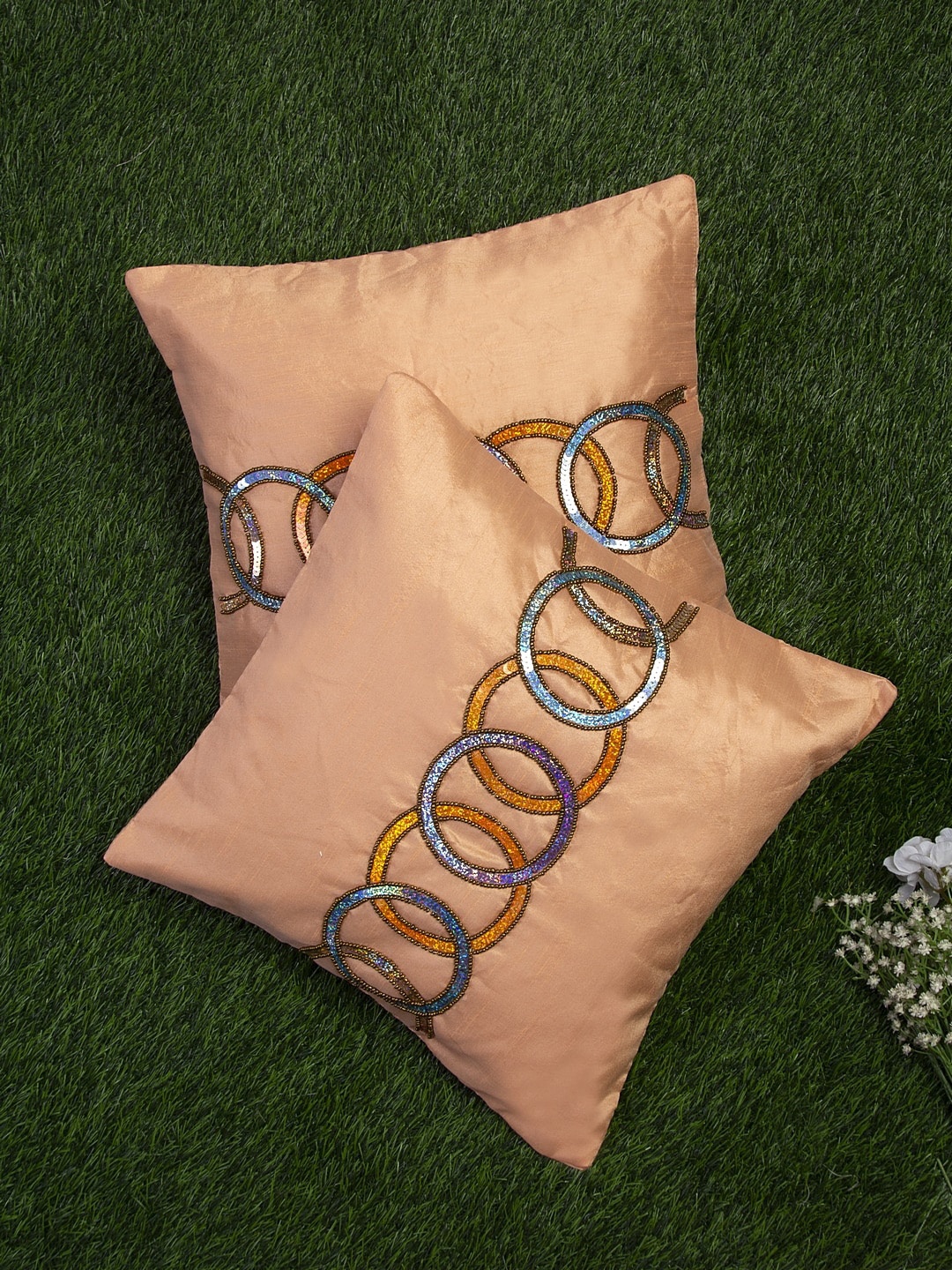 

Alina decor Peach-Coloured & Blue Set of 2 Embellished Square Cushion Covers