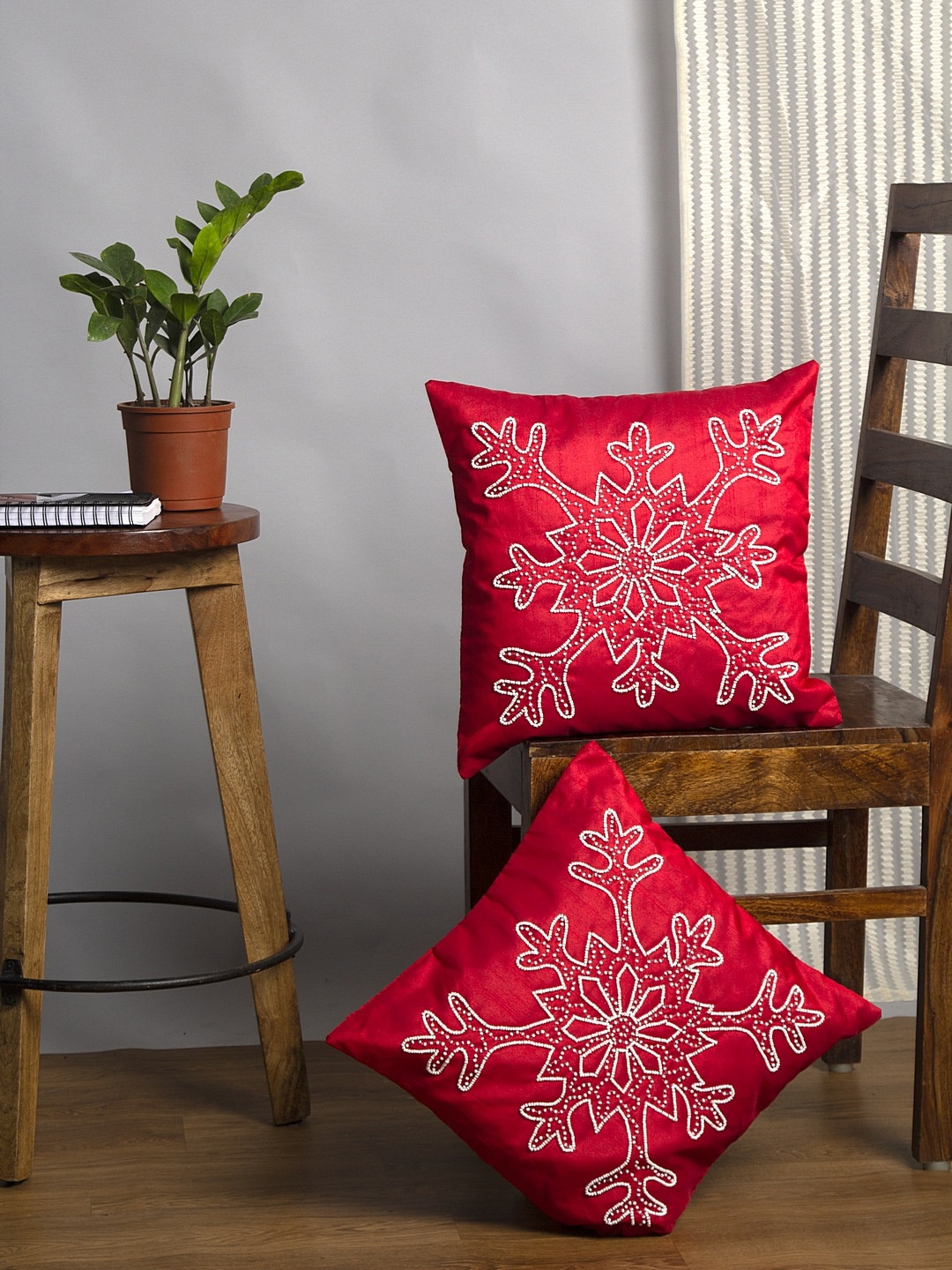 

Alina decor Red & White Set of 2 Embellished Square Cushion Covers
