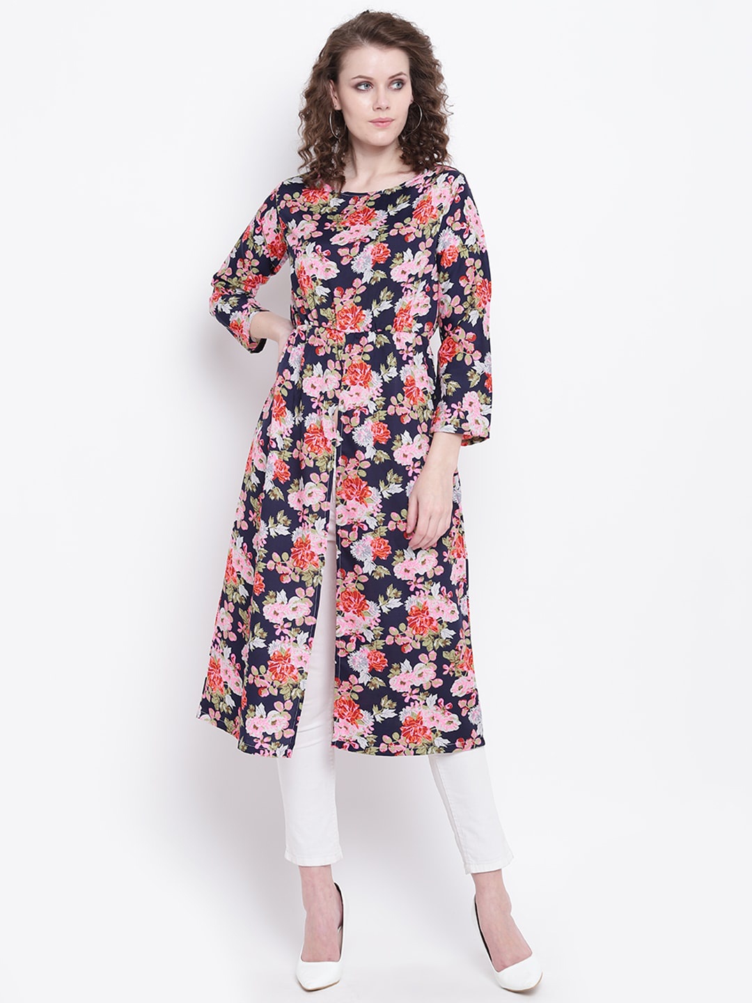 

Napra Women Navy Blue Floral Printed Flared Sleeves Crepe Kurta