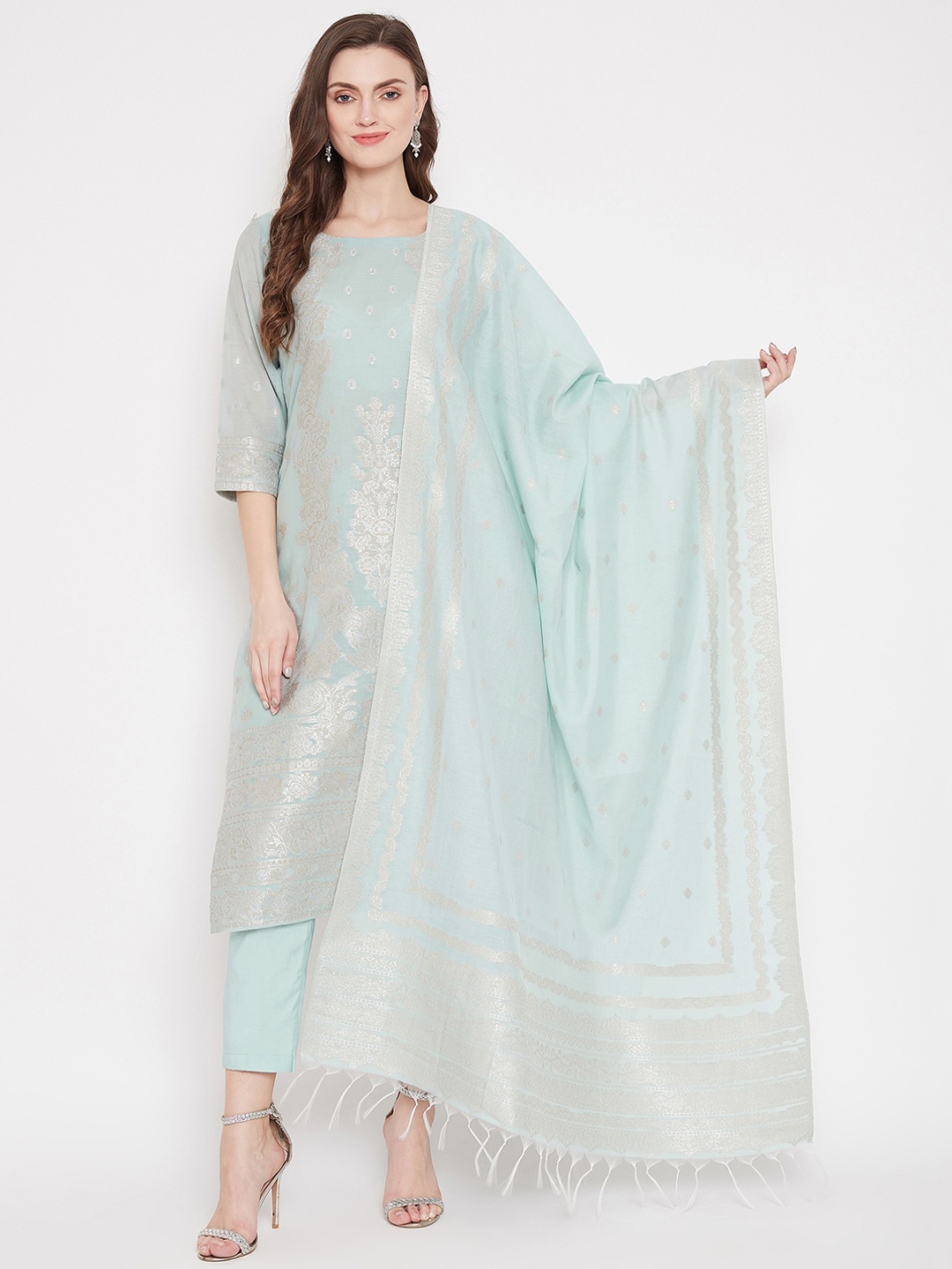 

Safaa Sea Green & Silver-Toned Cotton Blend Woven Design Unstitched Dress Material For Summer