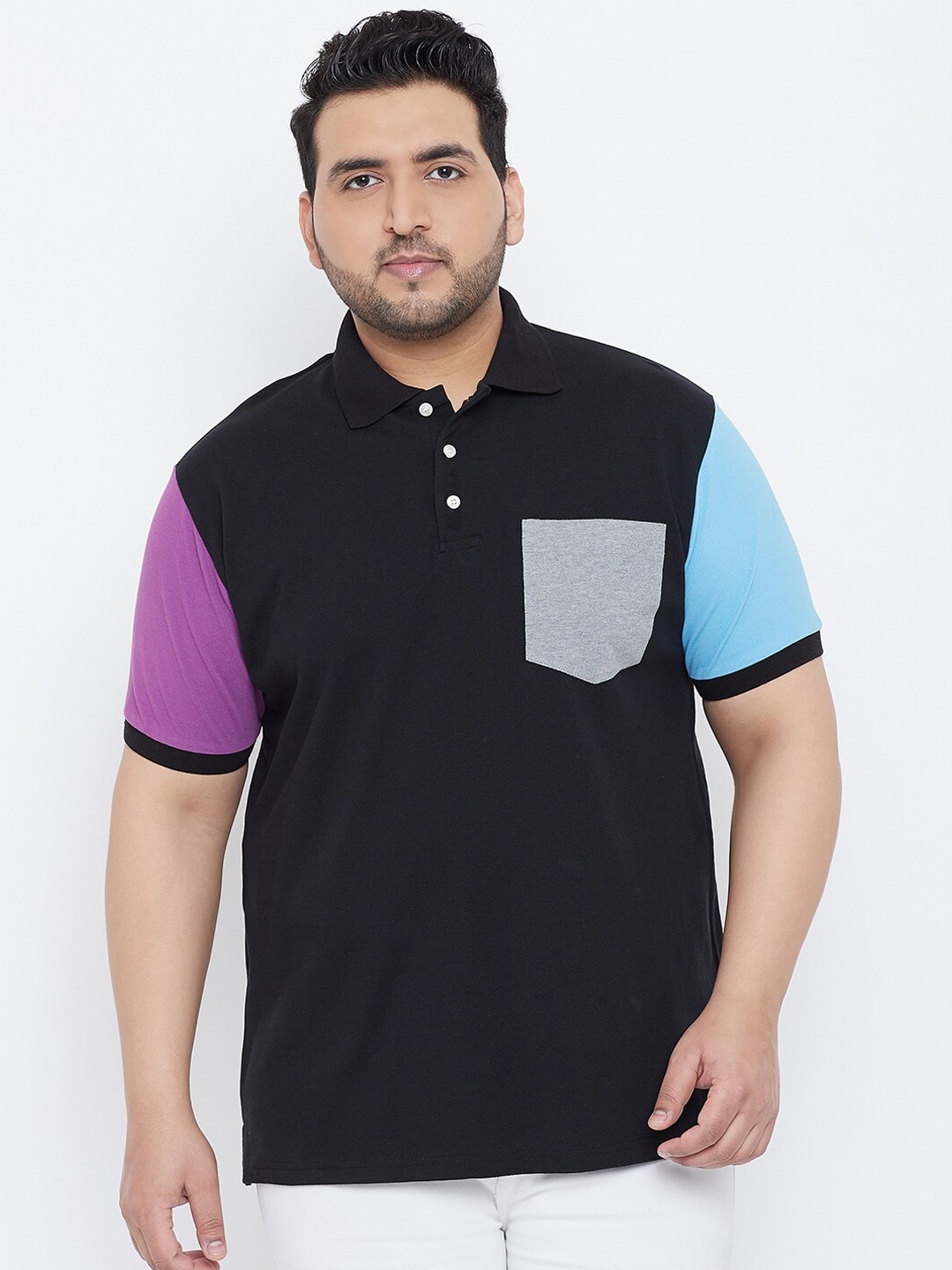 

bigbanana Men Plus Size Black Solid Polo Collar T-shirt