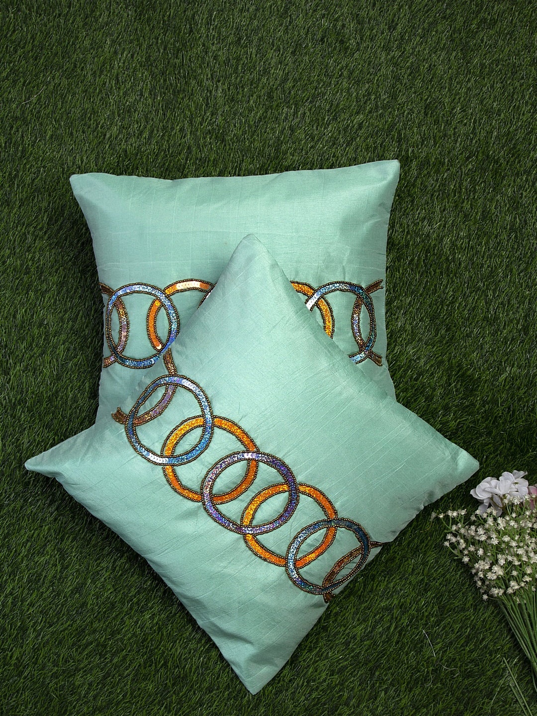 

Alina decor Sea Green & Purple Set of 2 Embellished Square Cushion Covers