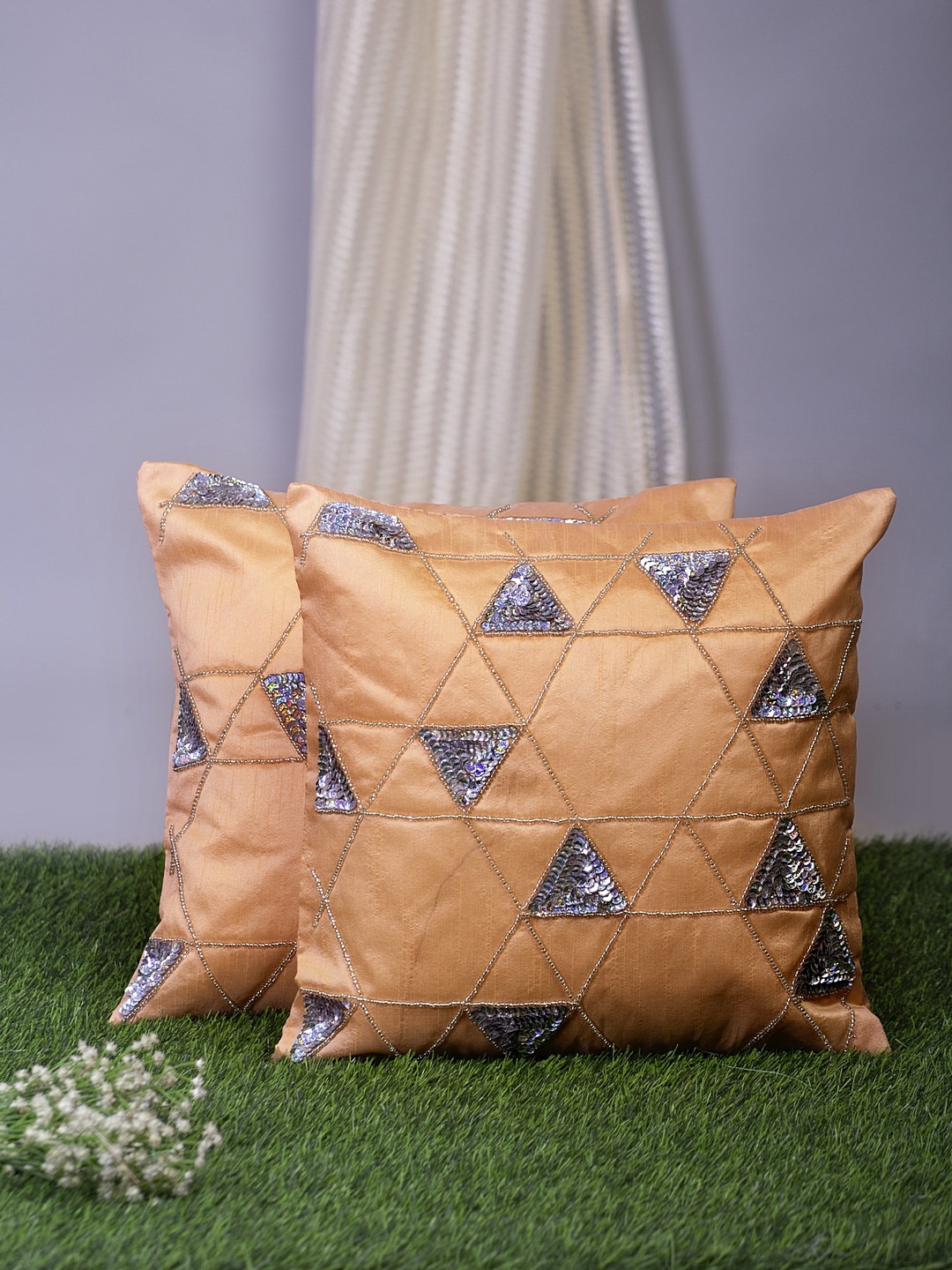 

Alina decor Peach-Coloured Set of 2 Embellished Square Cushion Covers