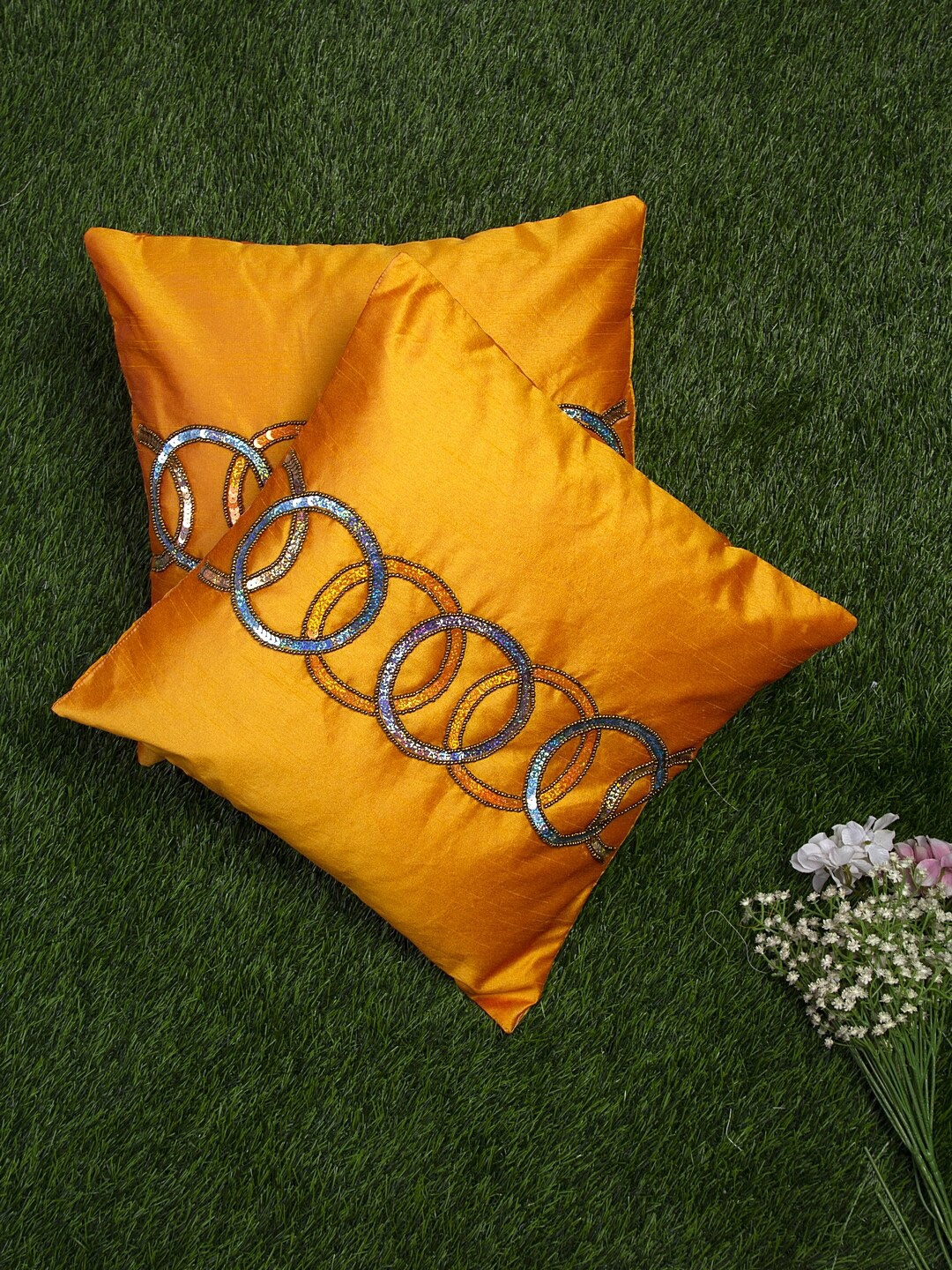 

Alina decor Yellow & Blue Set of 2 Embellished Square Cushion Covers