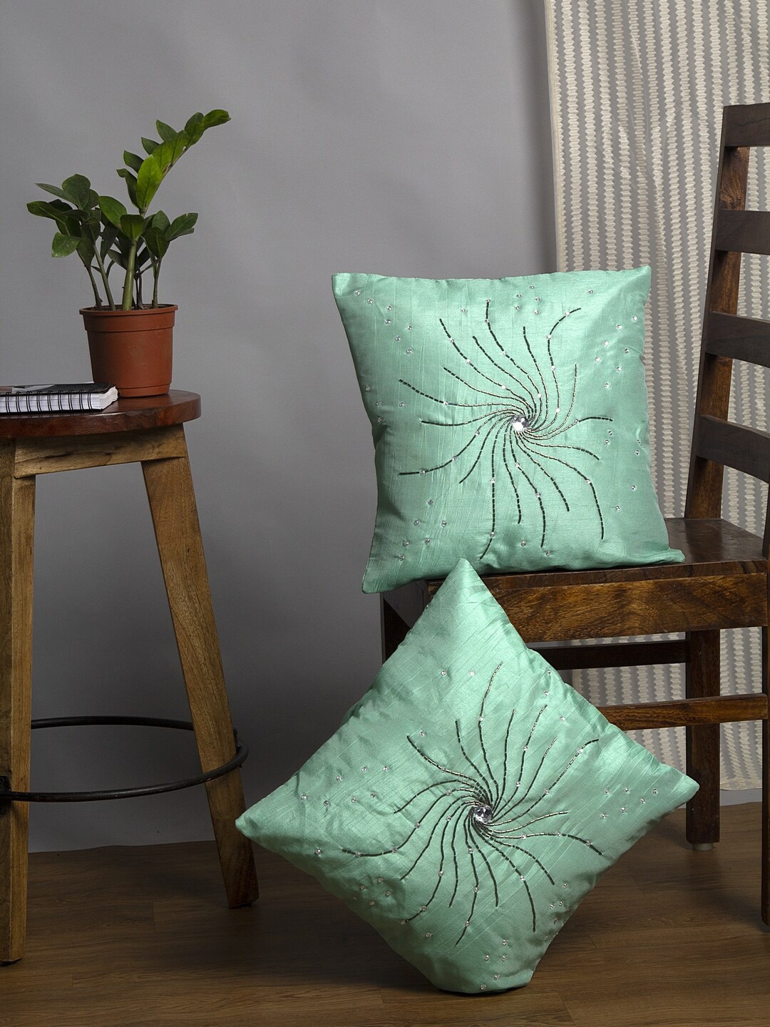 

Alina decor Sea Green Set of 2 Embellished Square Cushion Covers