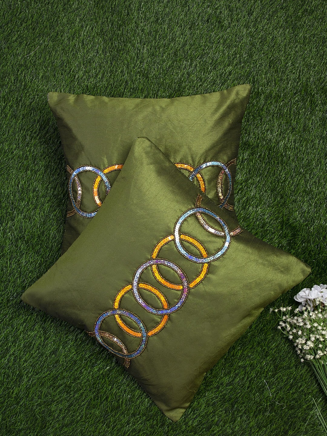 

Alina decor Green & Yellow Set of 2 Embellished Square Cushion Covers