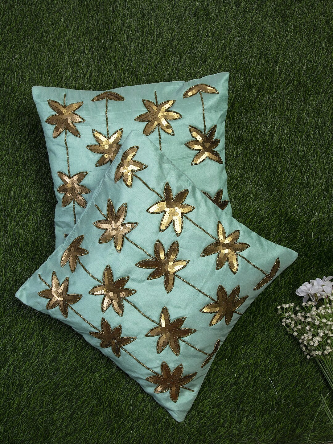 

Alina decor Sea Green & Gunmetal-Toned Set of 2 Embellished Square Cushion Covers