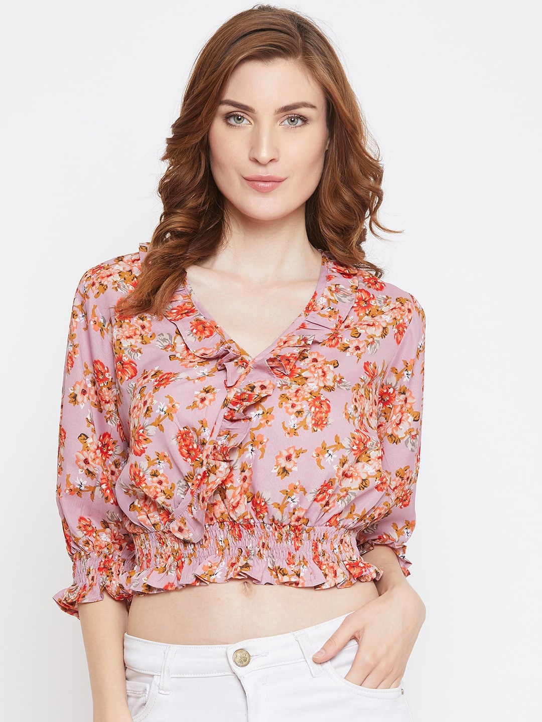 

Zastraa Pink Floral Printed Puff Sleeves Crepe Blouson Crop Top