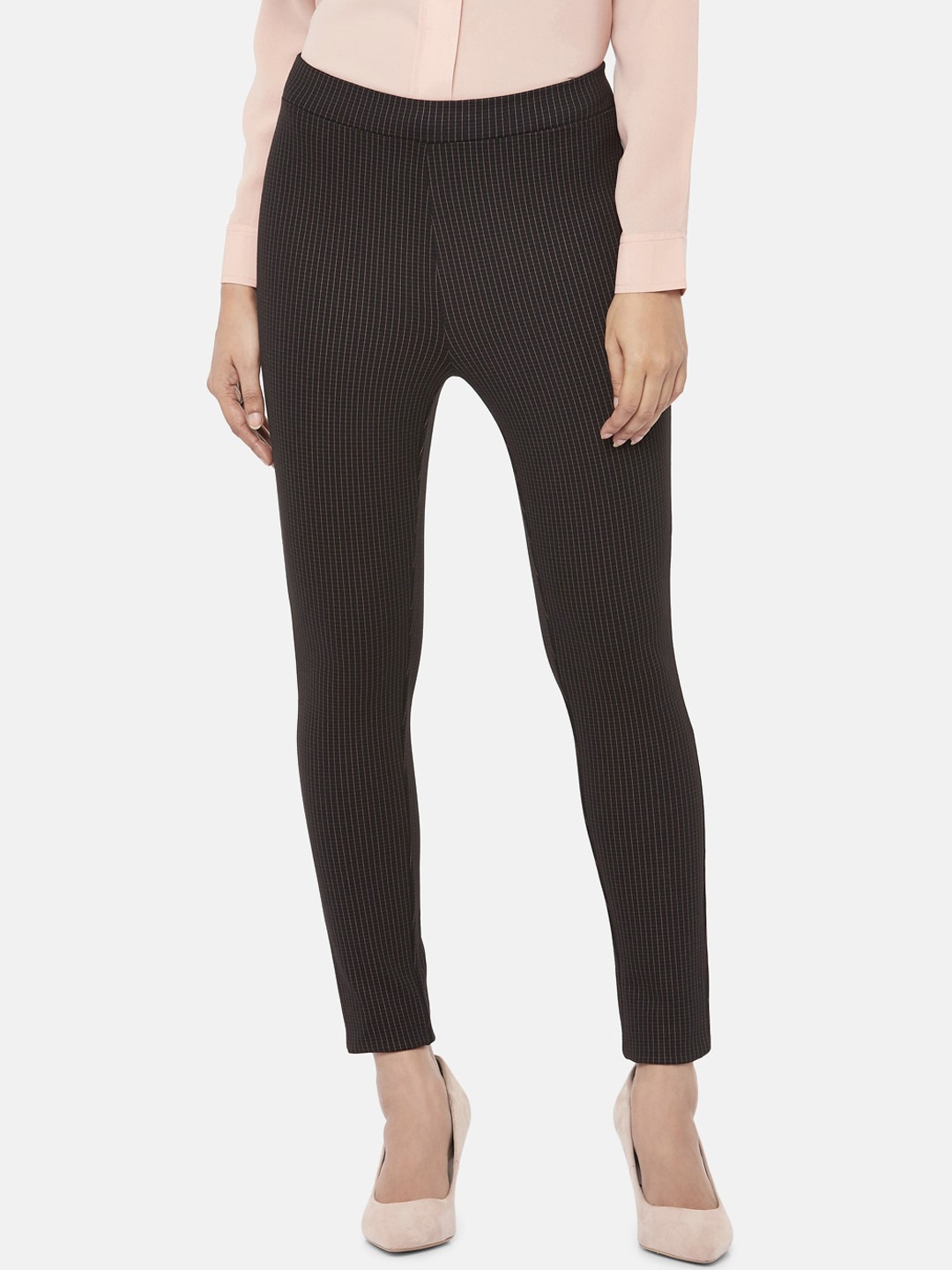 

Annabelle by Pantaloons Women Black & Gold-Coloured Checked Slim-Fit Treggings