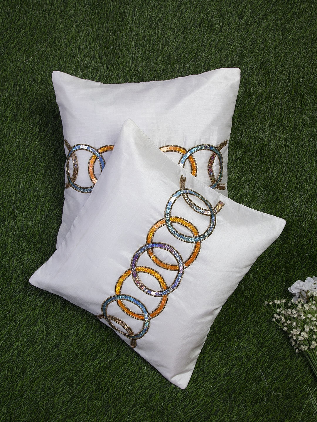 

Alina decor White & Yellow Set of 2 Geometric Square Cushion Covers