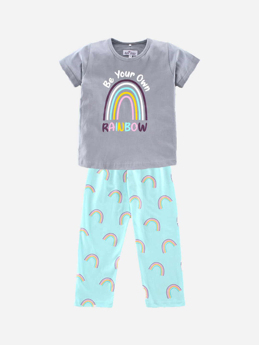 

Nite Flite Girls Grey & Turquoise Blue Printed Night Suit