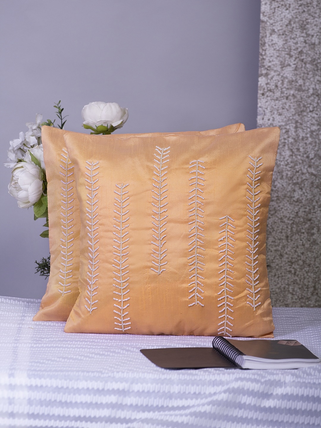 

Alina decor Peach-Coloured & White Set of 2 Embellished Square Cushion Covers