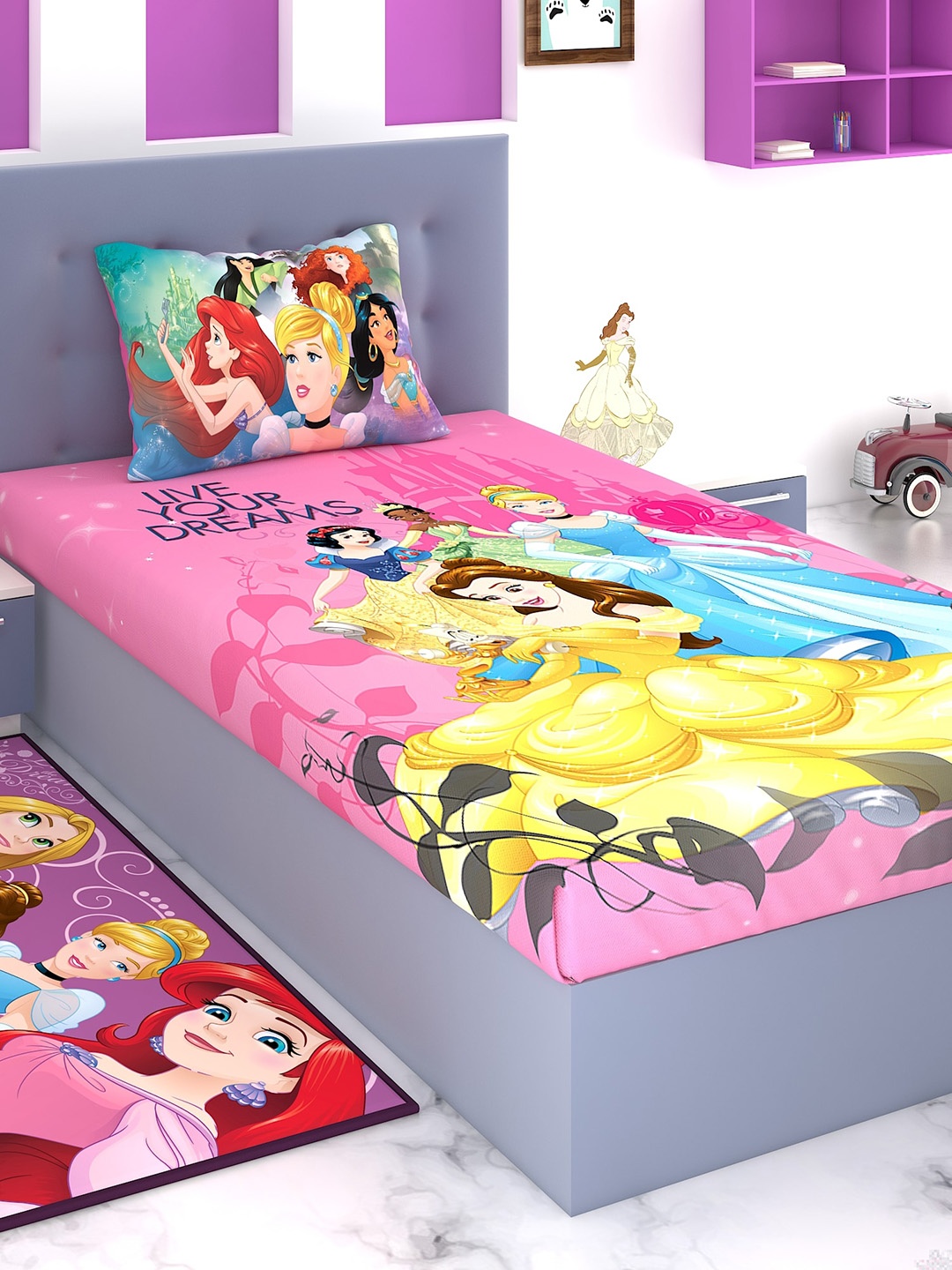 Disney Pink & Yellow Cartoon Characters 180 TC Cotton 1 Single Bedsheet with 1 Pillow Covers