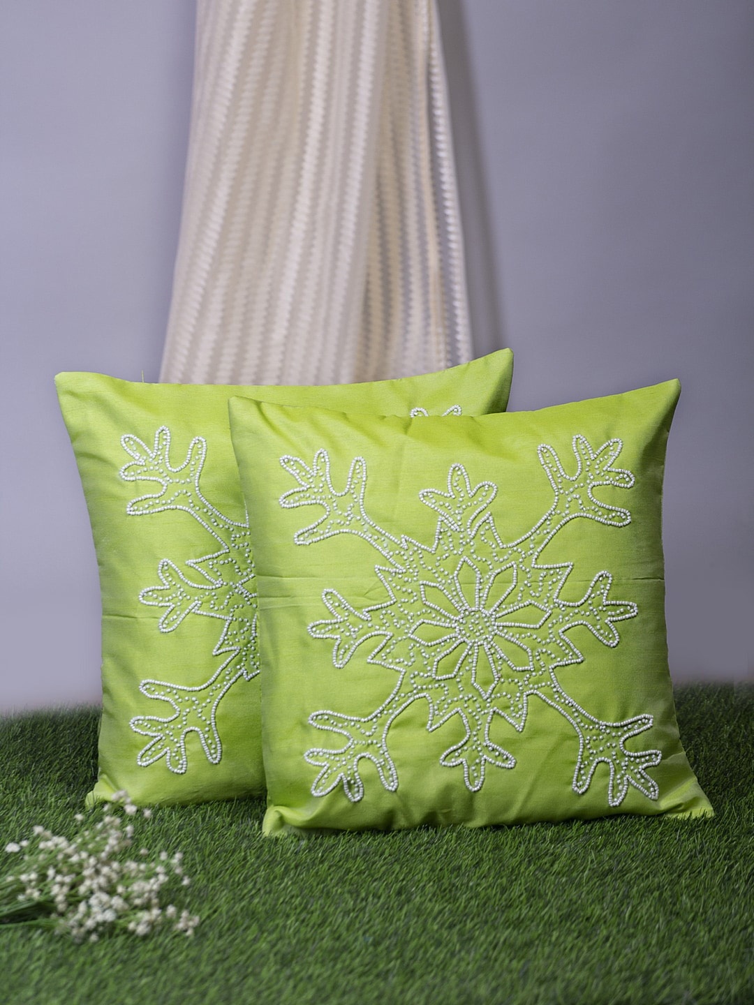 

Alina decor Green & White Set of 2 Embellished Square Cushion Covers