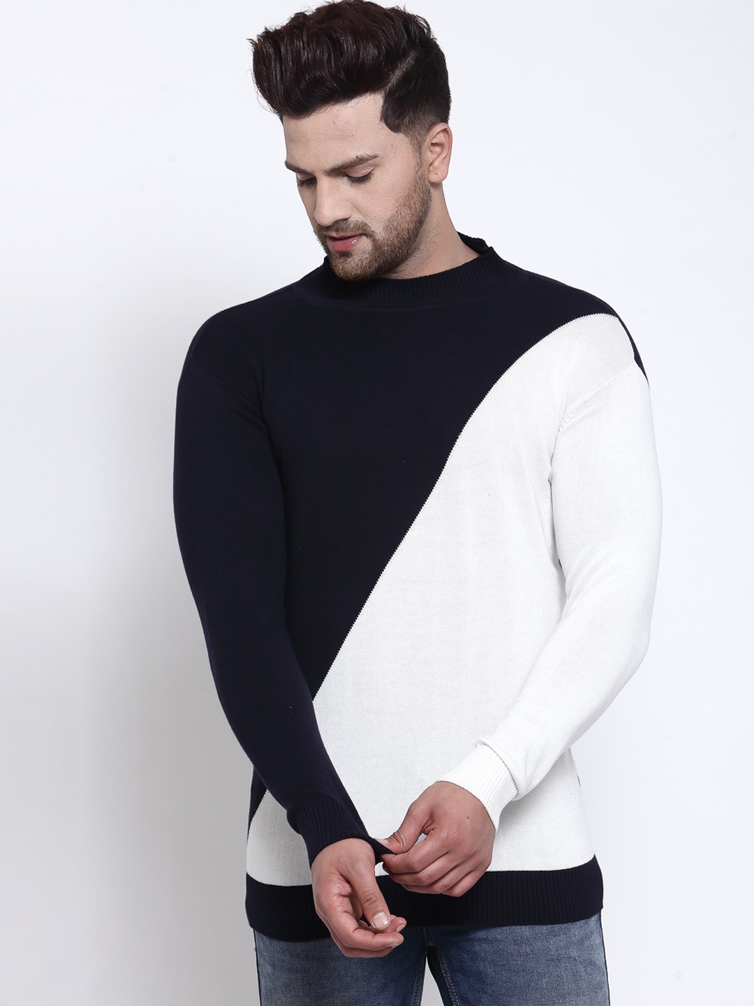 

Style Quotient Men Navy Blue & White Colourblocked Cotton Sweatshirt
