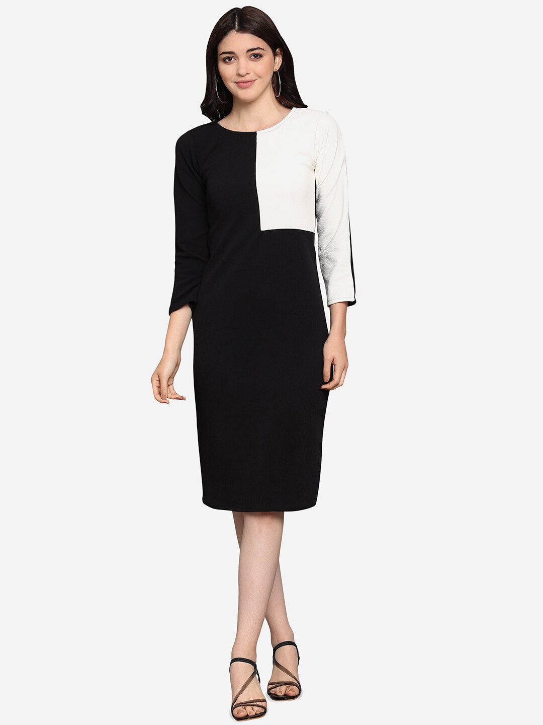 PURVAJA Women Black & Off-Whiite Colourblocked Sheath Dress